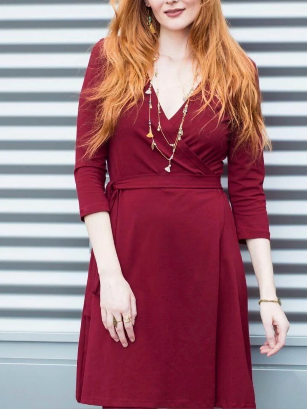 Soul Flower, medium, organic cotton, Burgundy Wrap-Style Dress